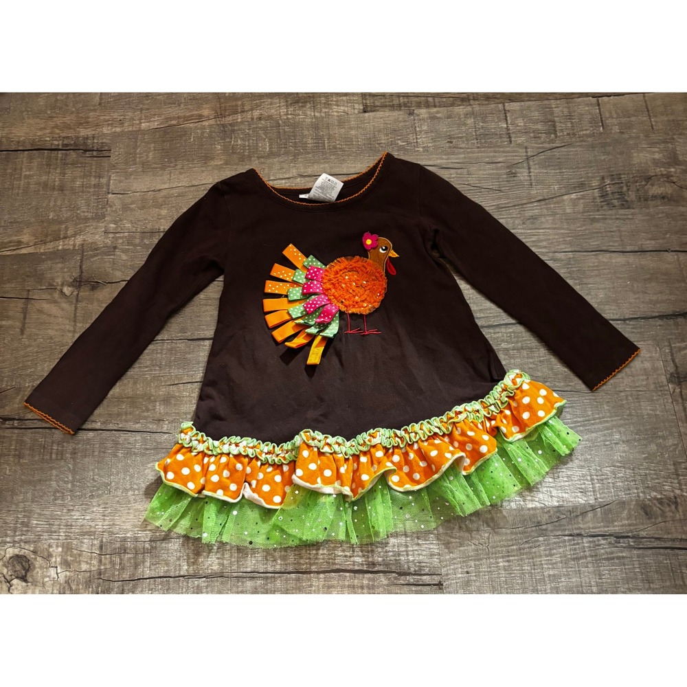 Bonnie Jean Kids Brown Turkey Applique Ruffle Tulle Dress Size 4‎